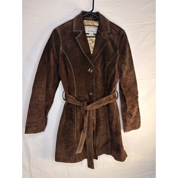 Wilsons Leather Maxima Brown Suede Belted Trench Coat Jacket Womens Medium - Picture 8 of 10